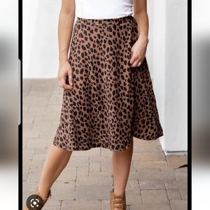 Cheetah A Line Midi Skirt Flowing Leopard Animal Print Fall Brown